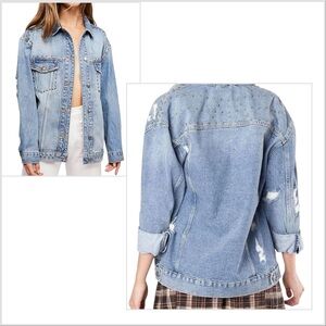 Free People Oversized Distressed Studded Denim Jean Jacket READ Size Small